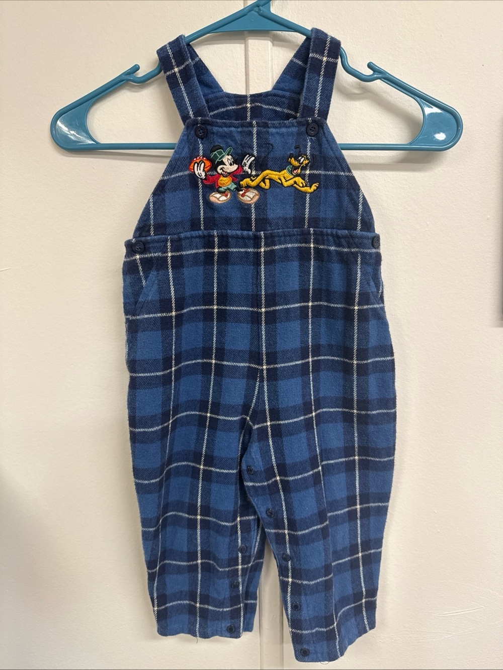 Vintage Disney Navy & Royal Blue Plaid Overalls with Mickey & Pluto Patch